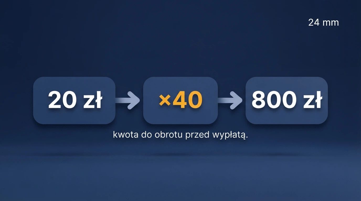 Infografika przedstawiająca ścieżkę bonusu: kwota 20 zł → mnożnik obrotu x40 → realna kwota do wypłaty