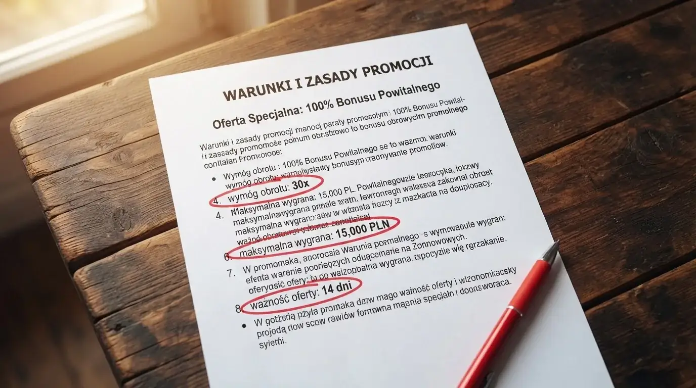 Zbliżenie na dokument z warunkami bonusu — na pierwszym planie trzy zakreślone liczby: wymóg obrotu, limit wygranej i czas ważności