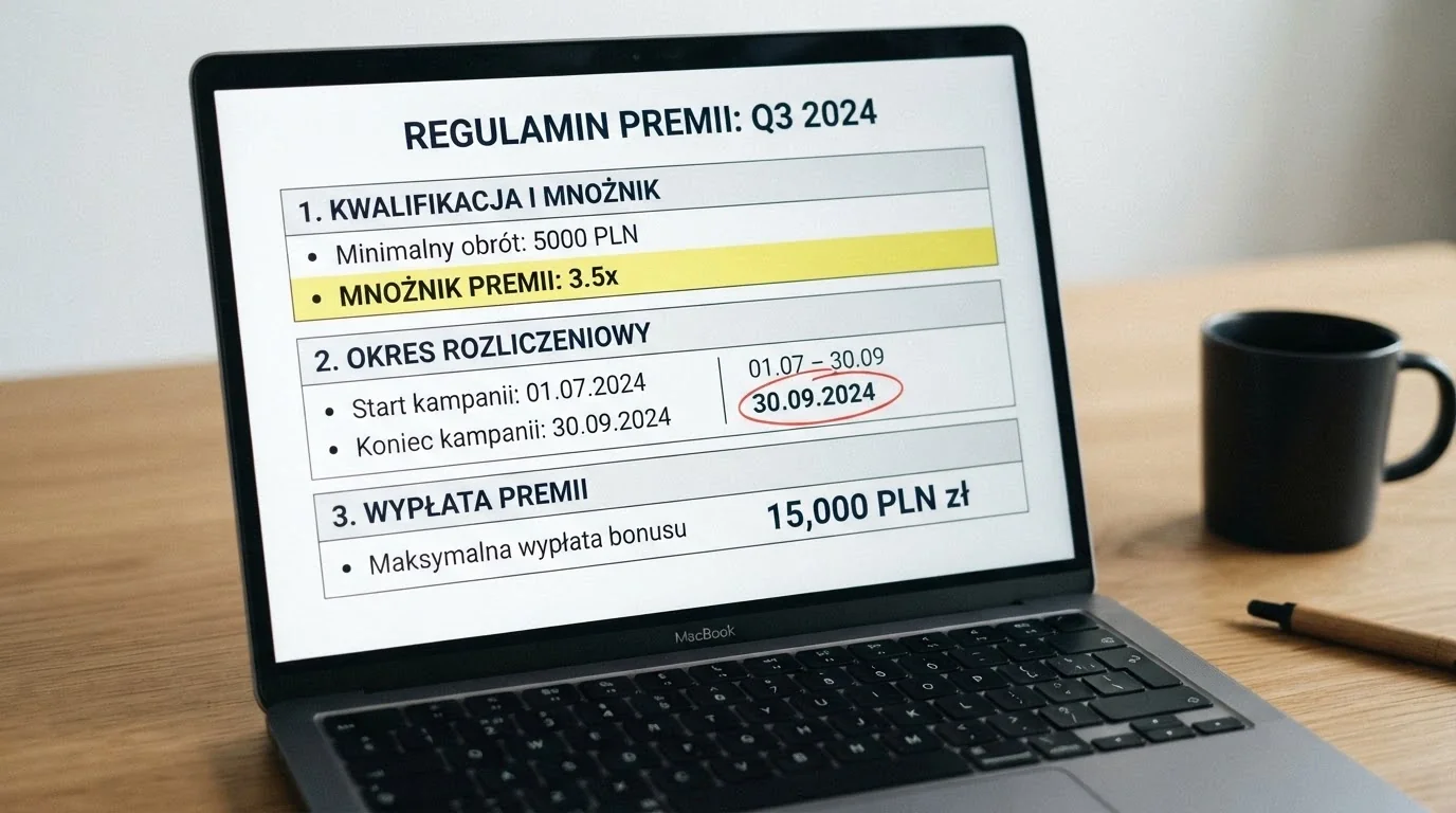 Zbliżenie na sekcję regulaminu bonusu: pola „wymóg obrotu”, „czas ważności” i „maksymalna wypłata” podświetlone