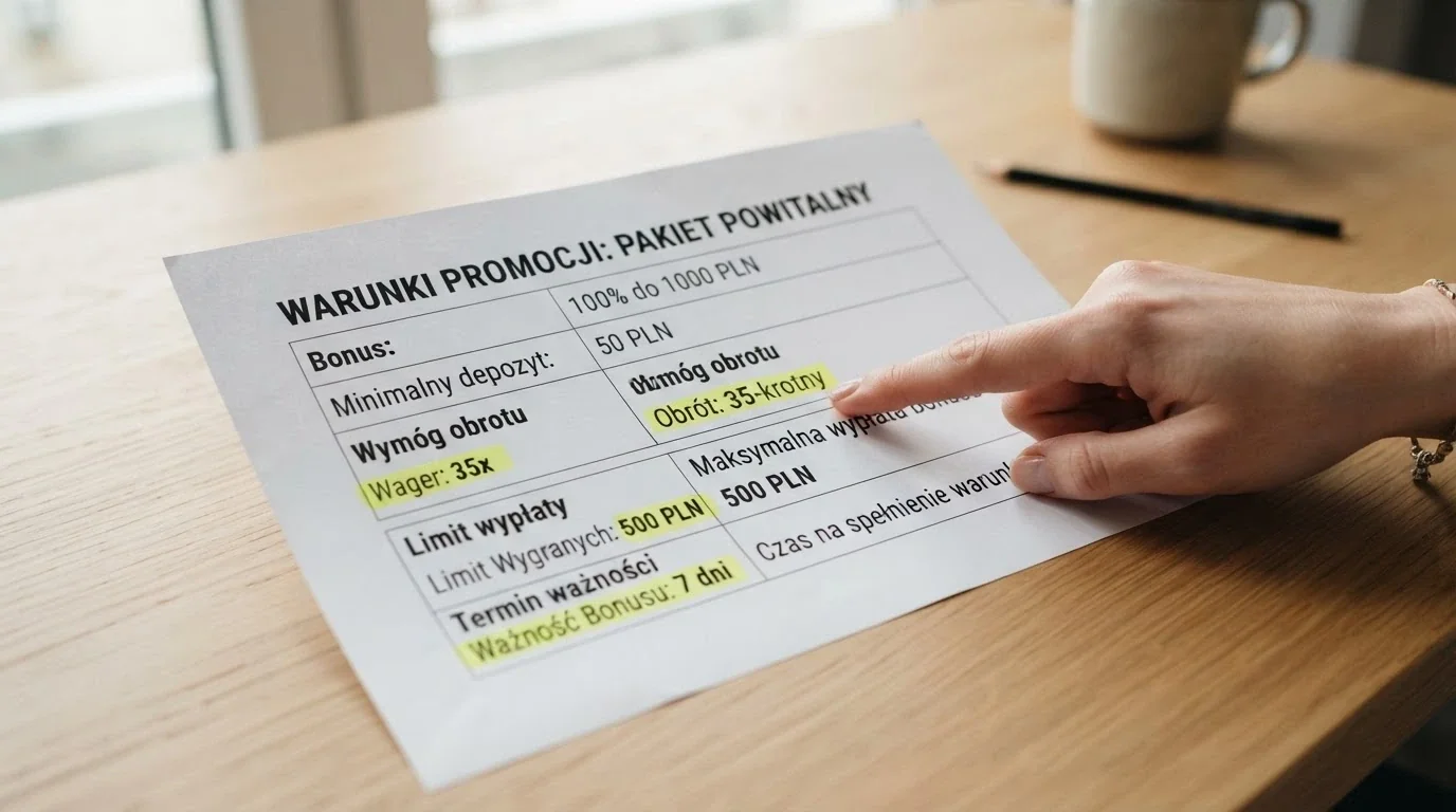 Regulamin bonusu z zaznaczonymi warunkami obrotu, limitem wypłaty i czasem ważności