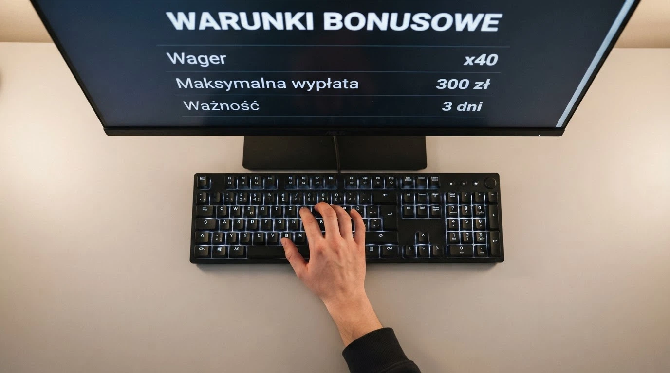 Zbliżenie na ekran z tabelą warunków bonusu: wager x40, maksymalna wypłata 300 zł, ważność 3 dni — dłonie gracza przy klawiaturze