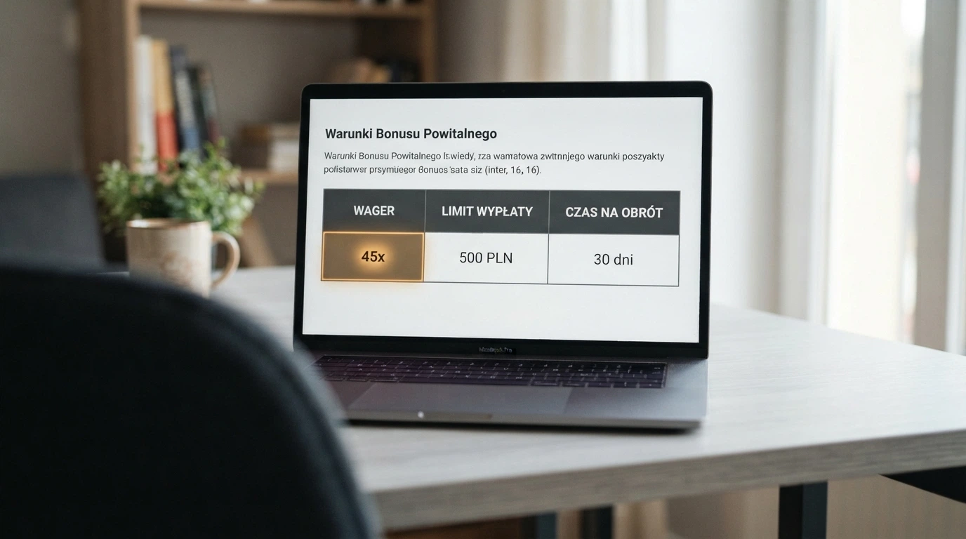 Zbliżenie na sekcję regulaminu kasyna online — tabela z warunkami bonusu: wager, limit wypłaty i czas na obrót, z podkreślonym mnożnikiem x45
