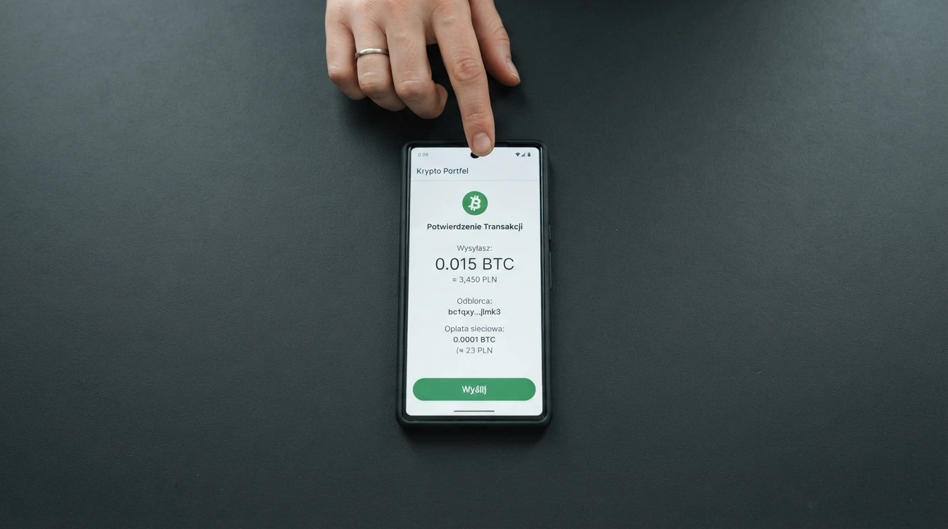 Ekran portfela kryptowalutowego z widoczną transakcją BCH do kasyna online i polem kwoty