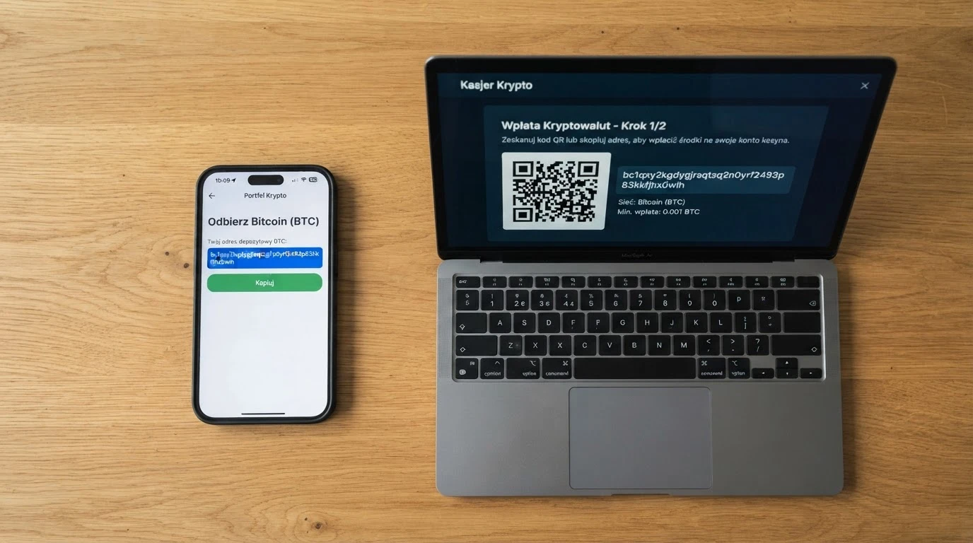Ekran portfela kryptowalutowego obok okna kasyna online z widocznym adresem depozytowym ADA